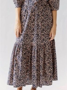 Women's Navy Blue Floral Tiered Maxi Skirt - Pink Print